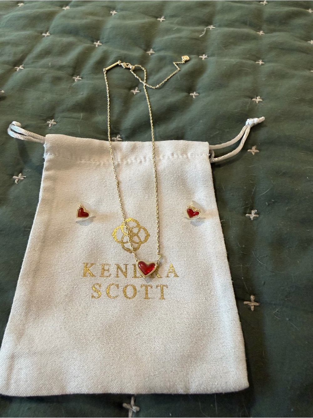 Kendra Scott Gold Necklace with Red Heart Pendant and Matching Studs